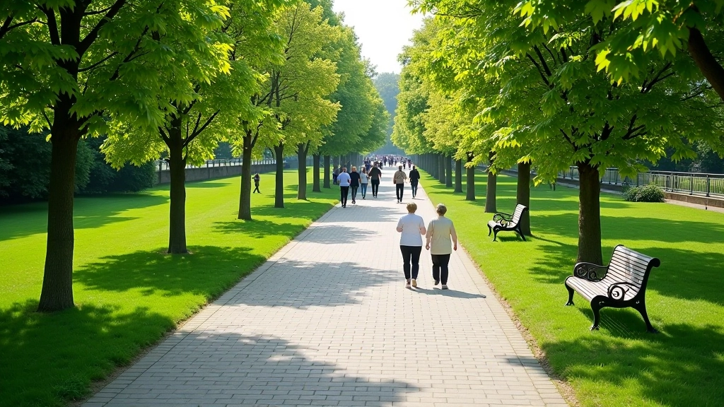 Ištiesta bėgimo ir pasivaikščiojimo takų sistema mieste, žmonės vaikšto, žalios zones