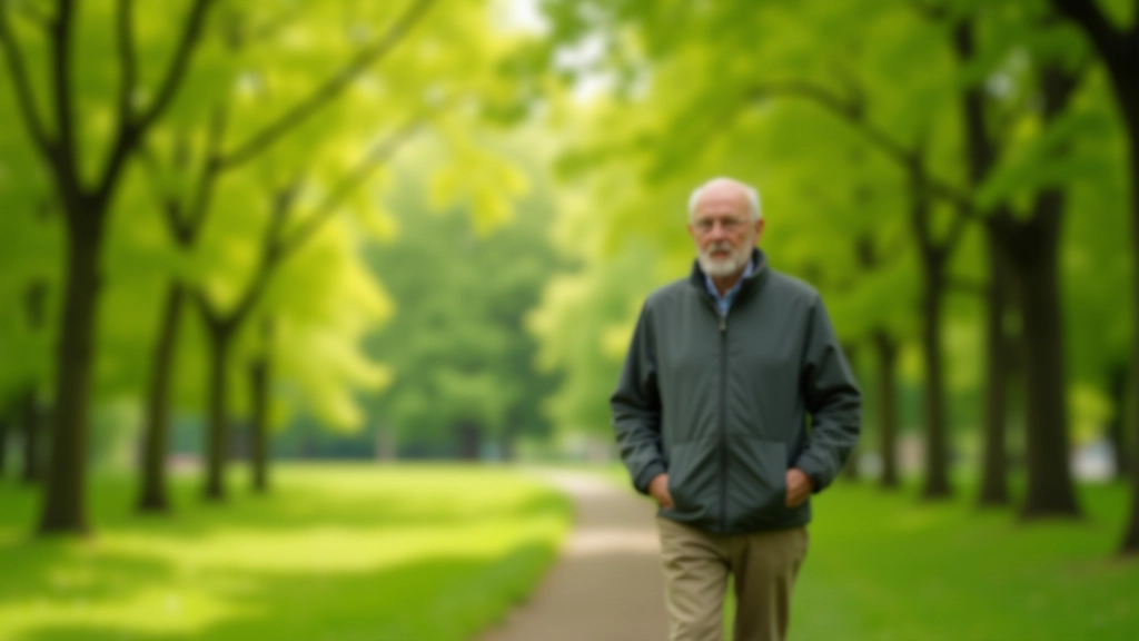 Vyresnis žmogus vaikšto per žalią parką, saulės šviesa pro medžius, ramūs kraštovaizdis