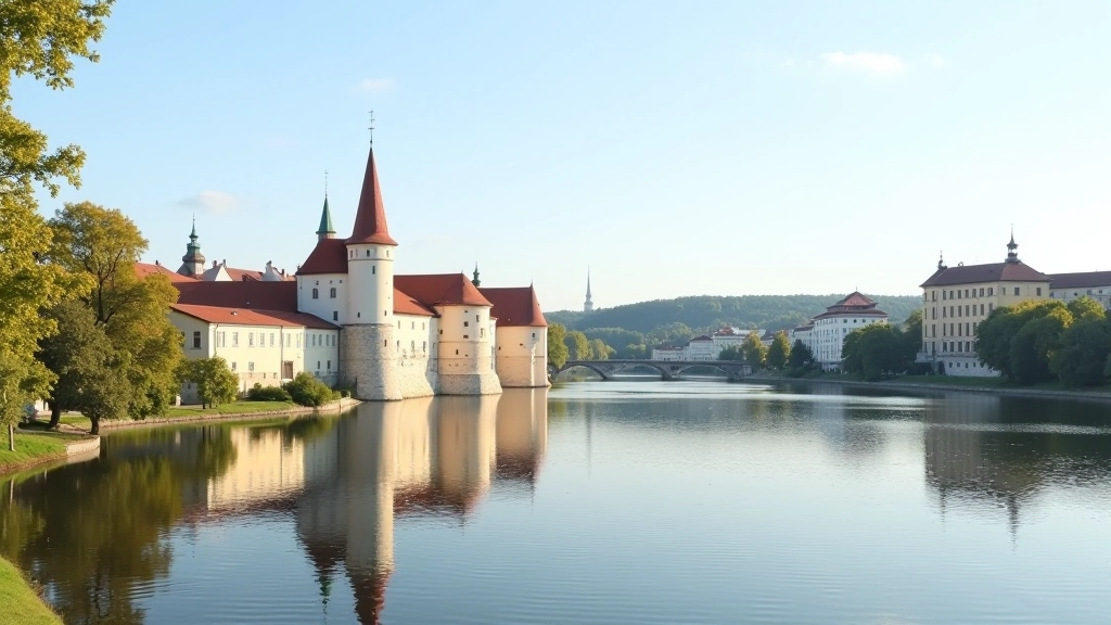 Vilniaus pilis iš Neries krantinės, šaltinis arčiau, vandens atspindžiai